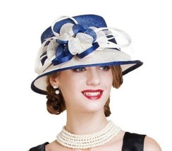British Blue White Sinamay Wedding Hat For Women Elegant Church Flower Wide Brim - £51.14 GBP