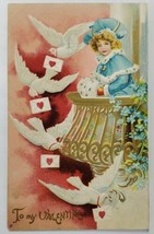 Beautiful Child Doves Valentine Greetings Embossed c1910 Postcard S20 - £4.64 GBP