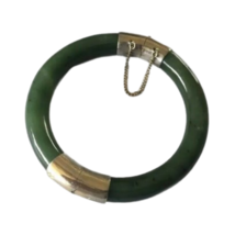 Antique Bangle Bracelet Spinach Green Nephrite Jade Vermeil Gold Sterlin... - £472.14 GBP