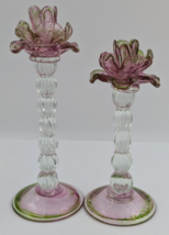 Art Glass Venetian Floriform Flower Candlestick Holder Pair Pink Green 10"&12" image 2