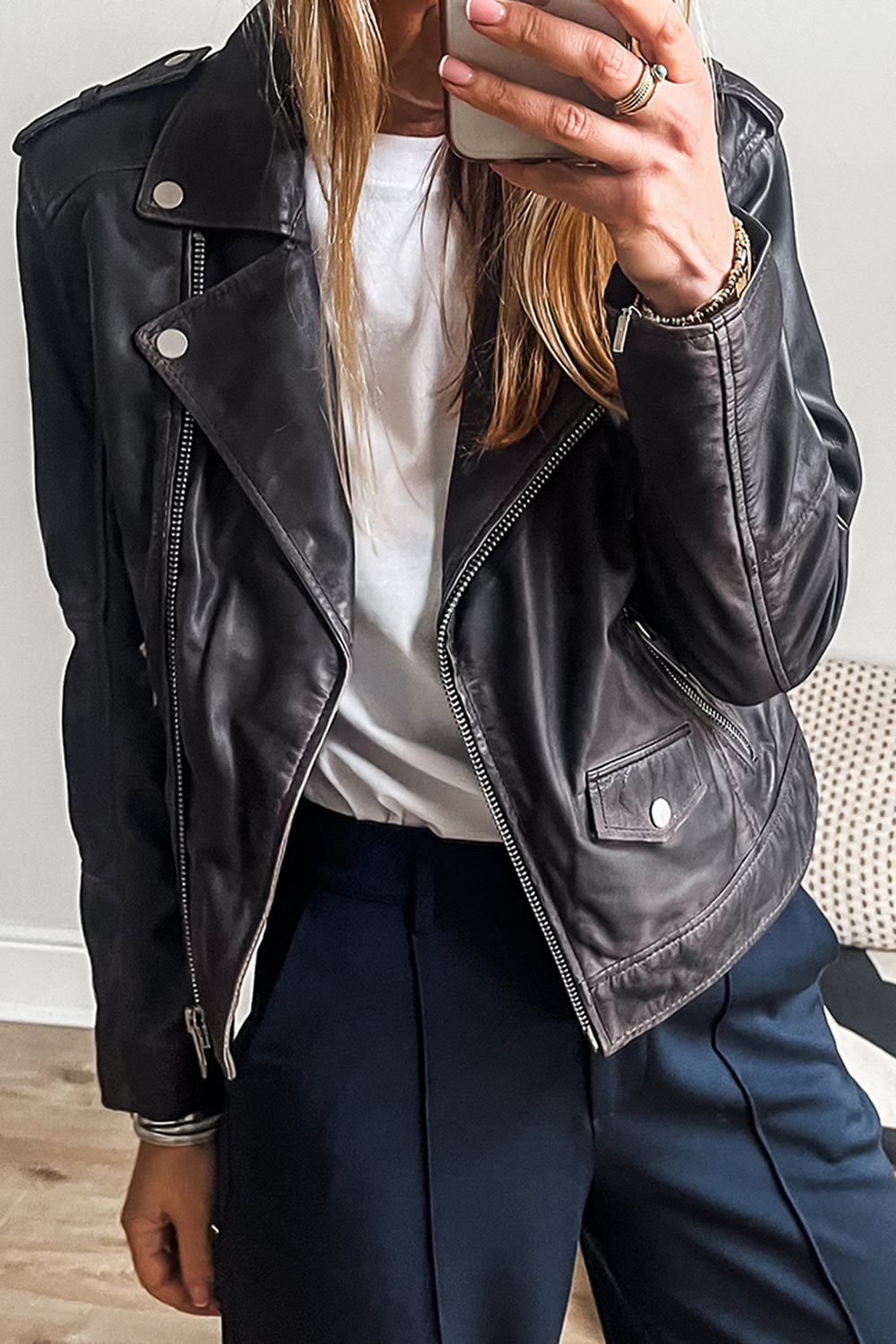 Black PU Leather Lapel Collar Zipper Jacket Item image 5