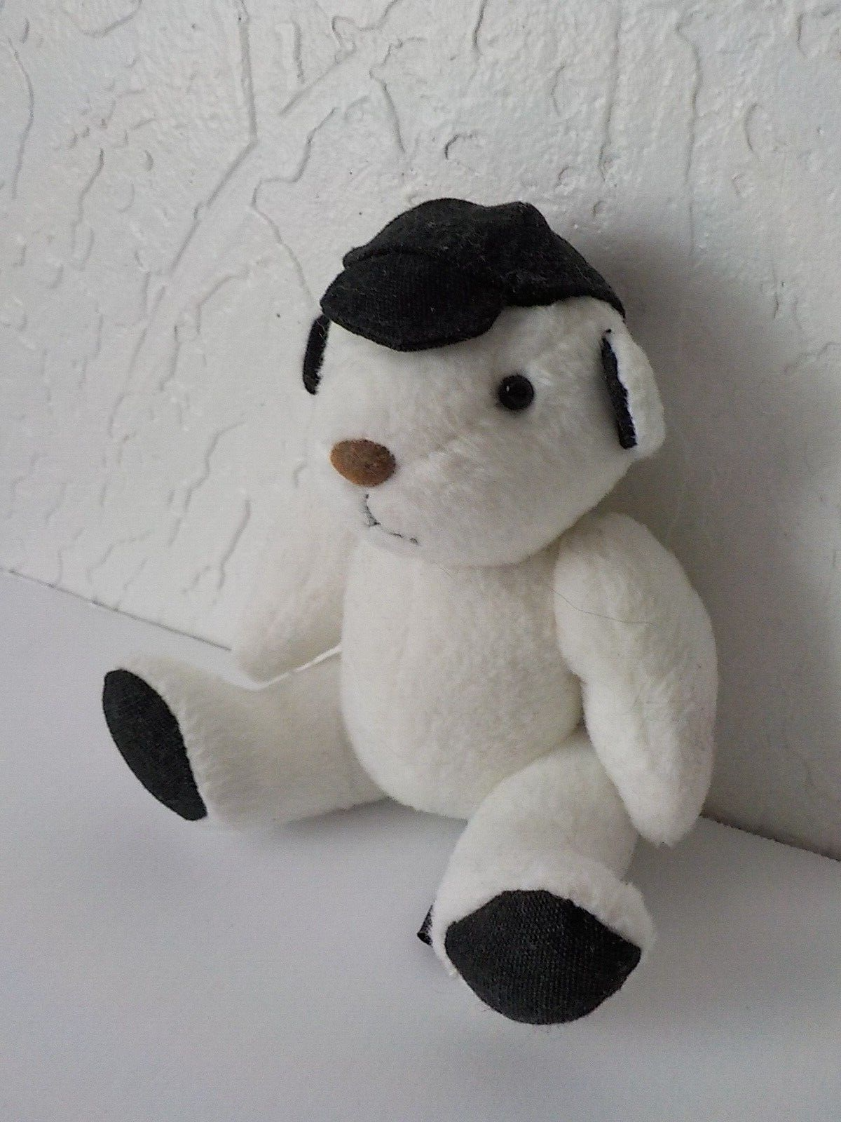 Primary image for Nine West Vintage Tiny Teddy Bear Stuffed Plush White Black Beisball Hat 4"