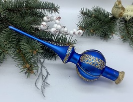 Blue Christmas glass tree topper with gold glitter,  Christmas finial - $25.13