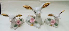 Set Of 3 Vintage Deer And Faun White With Gold Ears and Roses - £47.25 GBP