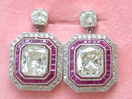 Art Deco 4.54ctw Cushion Diamond Ruby Stud Dangle Cocktail Statement Earrings - £32,384.51 GBP