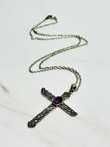 Vintage Sterling Silver Mexico Amethyst Filigree 2” Cross Necklace 18” - £54.81 GBP
