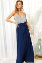Navy Blue Striped Print Cami Sol Top Hi-waist Skirt Side Pocket Maxi Dress - £22.93 GBP