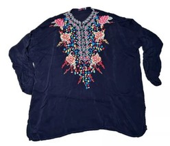 Johnny Was Blouse Womens Size Medium Blue Bisma Bohemian Floral Rayon Tunic - £31.25 GBP