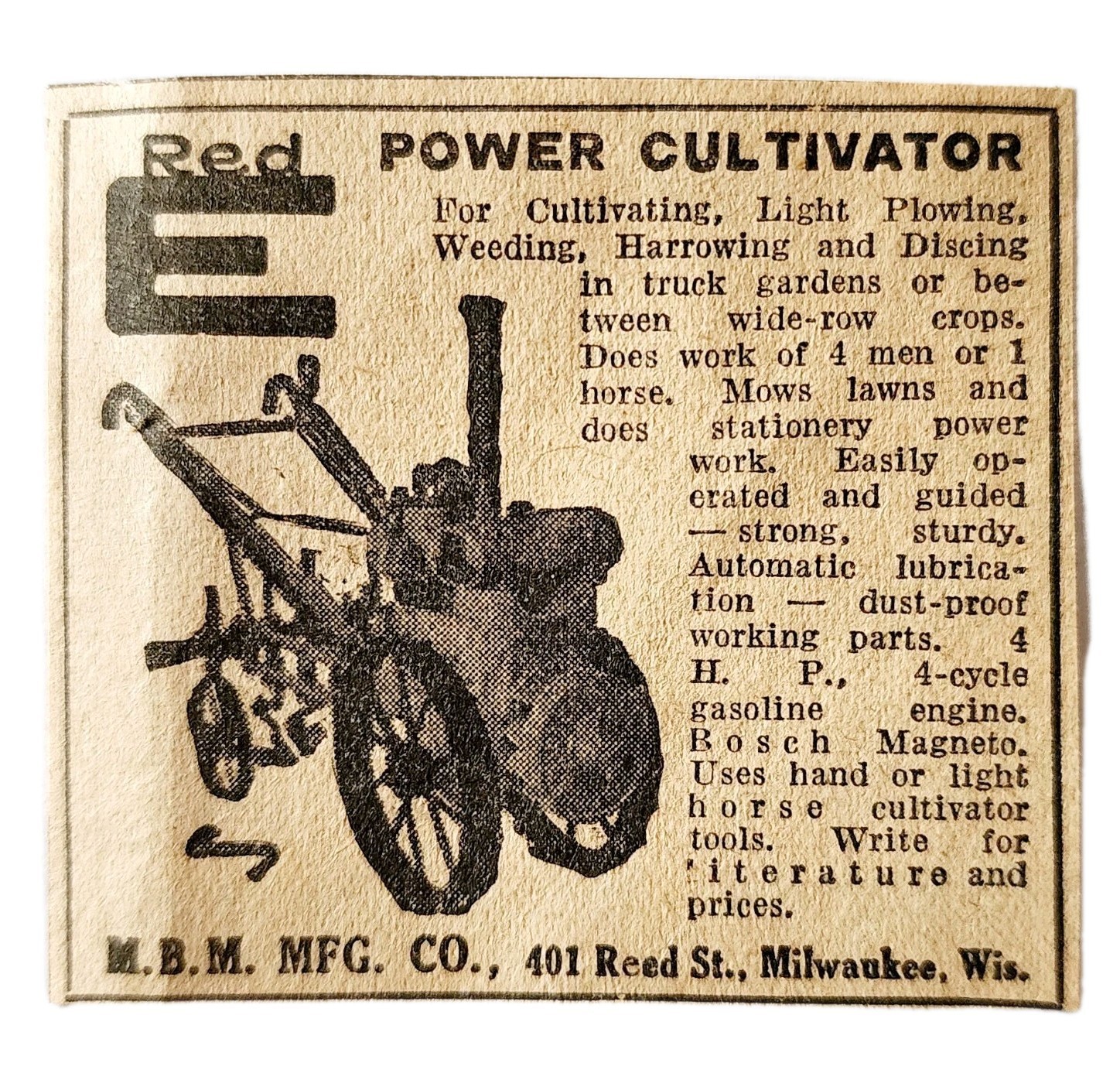 1924 Red E Power Cultivator Plow Advertisement Bosch Magneto Agriculture... - $19.99