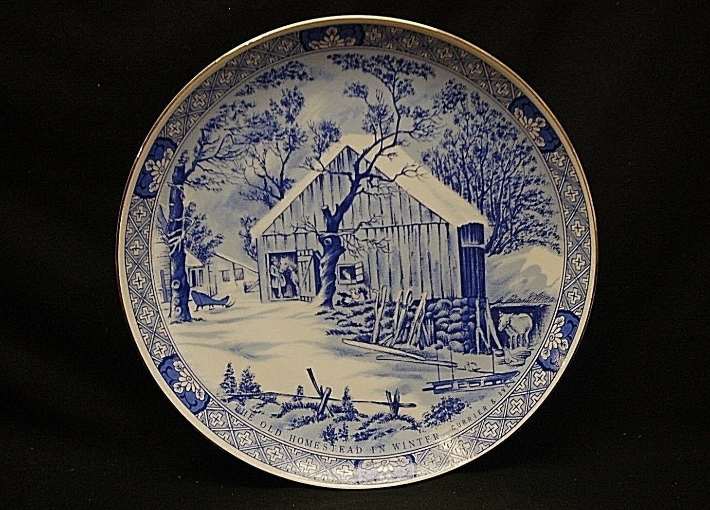 Primary image for Vintage Currier & Ives The Old Homestead in Winter Collector's Plate w Gold Trim