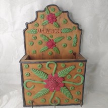 Wooden Craftet Letter Holder W/3 Hooks For Keys Colorful Flower Applique... - £28.21 GBP