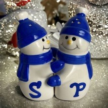 Snowman Ceramic Christmas Scarf Salt and Pepper Shakers White w/ blue scarf - $20.44
