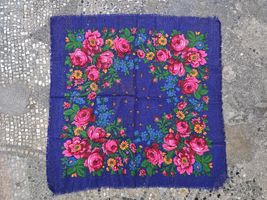 Blue floral women's shawl, vintage traditional folk headscarf, 1970s fas... - $20.00
