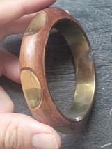 Vintage Wooden Bangle 1960s Chunky Brass Base with Wood Overlay Made in India - £10.46 GBP