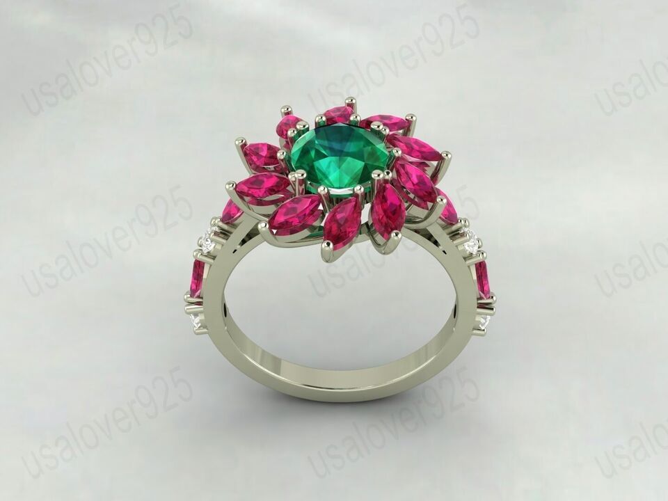 Emerald Ruby Multi Gemstone Vintage Style Unique Handmade Women Ring Jewelry - £48.57 GBP