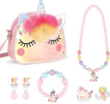 Unicorn Purse with Jewelry Set Little Girls Unicorn Necklace Rings Brace... - $27.21