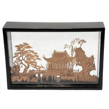 Chinese Hand Carved Cork Diorama Shadow Box Asian Art Pagoda Cranes Tree Vintage - £11.08 GBP