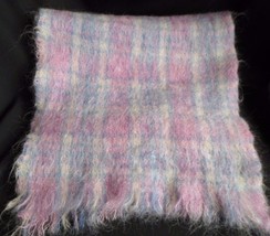 Vintage Wool Mohair Shawl Scarf Plaid Pink White Blue Made in Great Britain - £19.54 GBP