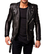 Men Leather Jacket Black Slim fit Biker genuine lambskin jacket - £74.62 GBP