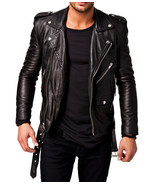 Men Leather Jacket Black Slim fit Biker genuine lambskin jacket - £75.93 GBP