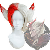 League of Legends LOL RAKAN Men&#39;s Silver Mix Red Cosplay Full Wigs with 2 Ears - $43.99