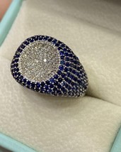 Herren 4Ct Rund Schliff Simulierte Blau Saphir &amp; Diamant Ring 925 Sterlingsilber - £181.53 GBP
