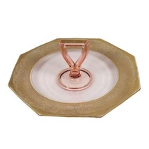 Art Deco Pink Depression Glass Octagon Serving Handle Gold Floral Trim 10&quot; MCM - £21.18 GBP