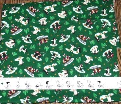 SLEDING PENGUINS on GREEN Cotton Quilting Fabric 24&quot; long x 45&quot; wide - £3.92 GBP
