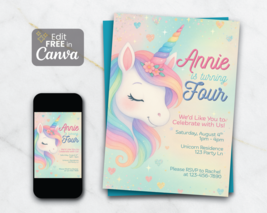 Editable Unicorn Birthday Invitation: Pastel Rainbow Canva Template - €0,00 EUR