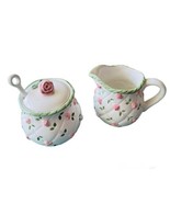 Sugar Bowl Cream Pitcher w Spoon Ceramic Porcelain Pink Green Embossed R... - $27.10