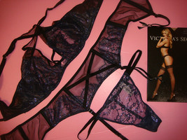 Victoria&#39;s Secret senza Righe 32B Reggiseno Set + Giarrettiera + Tanga Nero Blu - £99.70 GBP