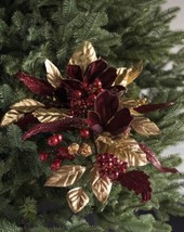 MAGNOLIA BOUQUET BURGUNDY &amp; GOLD PICKS SET OF 6 CHRISTMAS TREE DECORATION - £248.69 GBP