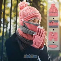 4Pcs Women Beanie Pom Hat Scarf Face Mask Set Knitted Winter Warm Snow Ski Glove - £29.11 GBP