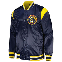 NBA Denver Nuggets Navy Blue Yellow Satin Letterman Varsity Baseball Jacket - £111.07 GBP