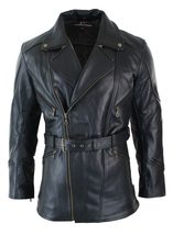 Trends Fashion Mens Cross Zip Belted Black 3/4 Motorcycle Biker Long Leather Jac - £92.46 GBP
