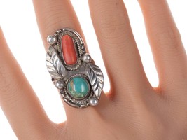 sz8 Vintage Navajo Silver - Turquoise and coral ring - £106.51 GBP