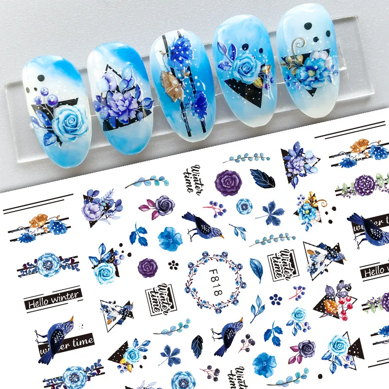 House Home 1pc Blue Christmas Elk 3D Nail Stickers Snowflake Winter Leaf Flame B - £20.04 GBP