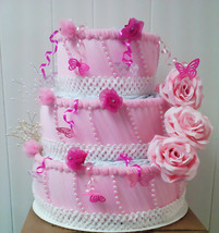 3 Tier Pink and White Elegant Butterflies Themed Diaper Cake Centerpiece - £58.83 GBP