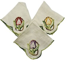 Vintage Linen Tulip Hand Embroidered Luncheon Afternoon Tea Napkins Set ... - £15.06 GBP