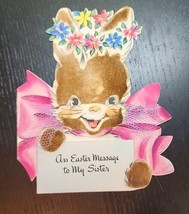 HALLMARK Vintage 1946 Easter Bunny Rabbit Flocked Flowers Pink Bow w/Net... - $18.79