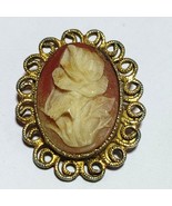 Vintage Oval Cameo Brooch Gold Tone Pin Floral Design Filigree Border In... - £15.40 GBP