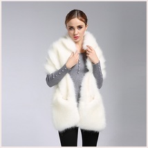 Ivory Faux Fur Mink Stole Collared Cape Wrap With Front Pockets image 2