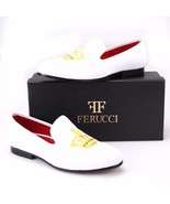Handmade FERUCCI Men White Velvet Slippers loafers with Crown - £118.14 GBP