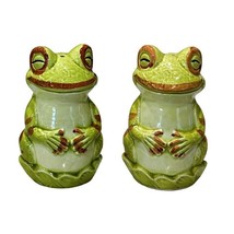 Frogs Salt and Pepper Shakers Light Green Ceramic 4 Inch Belly Full Smil... - $11.54
