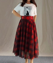 Red Long Plaid Skirt Holiday Outfit Women Custom Plus Size Tulle Plaid Skirt image 2