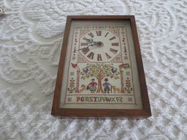 1970&#39;s Shadow Box Cabinet Country Folk Art Cross Stitch Wall Clock - 11&quot; X 15.5&quot; - £38.31 GBP