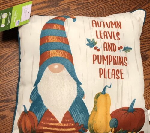 Throw Pillow Autumn  Leaves and Pumpkins Please Gnome  15" Thanksgiving New - $9.85