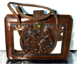 Vintage Hand Tooled Brown Leather / Calf Skin Purse Handbag Mexico - $45.44