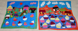 VINTAGE LOT OF 2 SIGNED FOLK ART FABRIC PANEL VILLAGE SCENES+SAILBOATS -... - $4.95