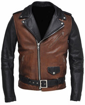 Handmade New Men&#39;s Biker Leather Jacket, Men&#39;s Brown Black Color Leather... - $143.99